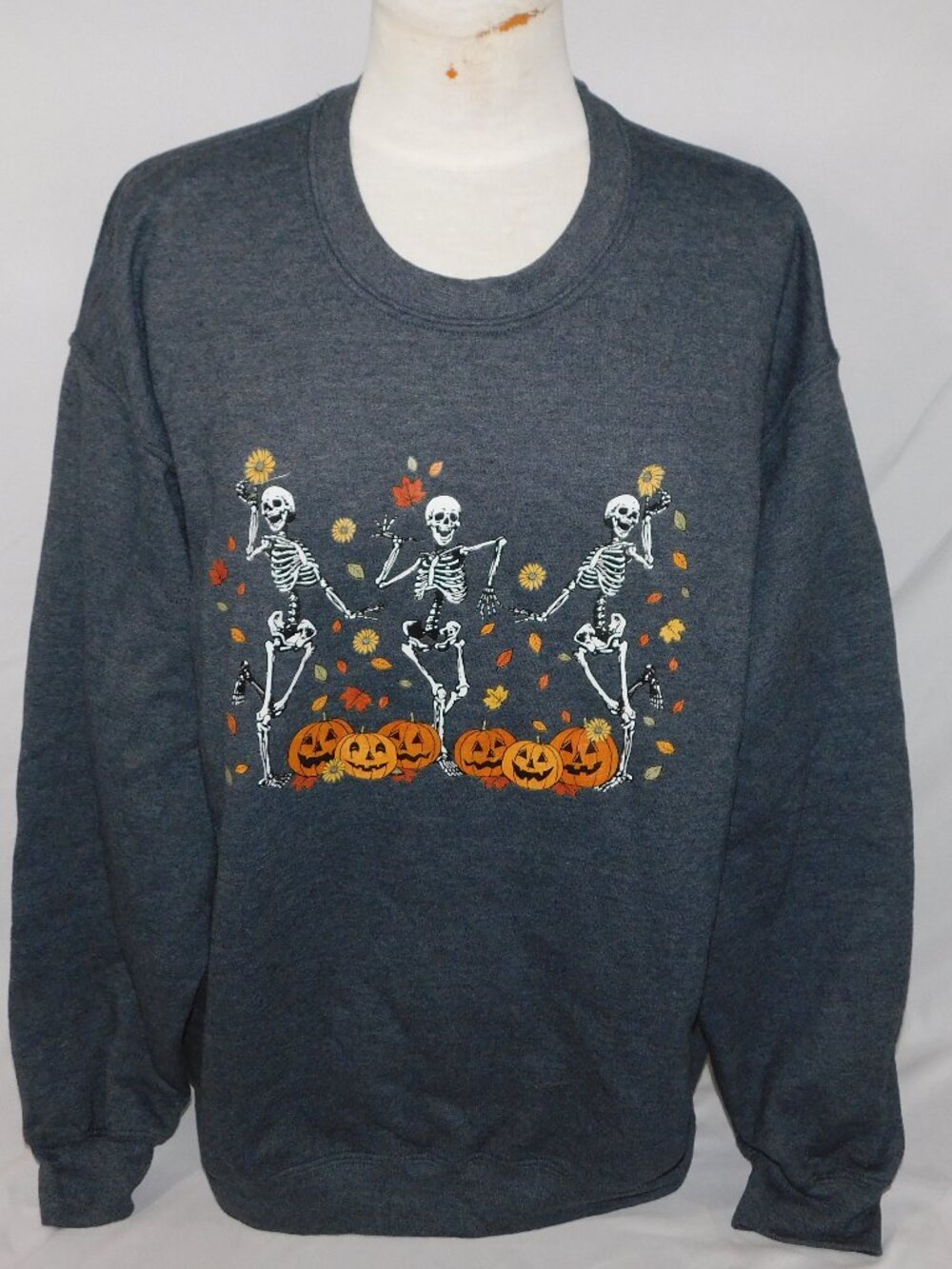 Halloween Fall Dancing Skeletons Sunflower Leaves Gray Unisex L Sweatshirt